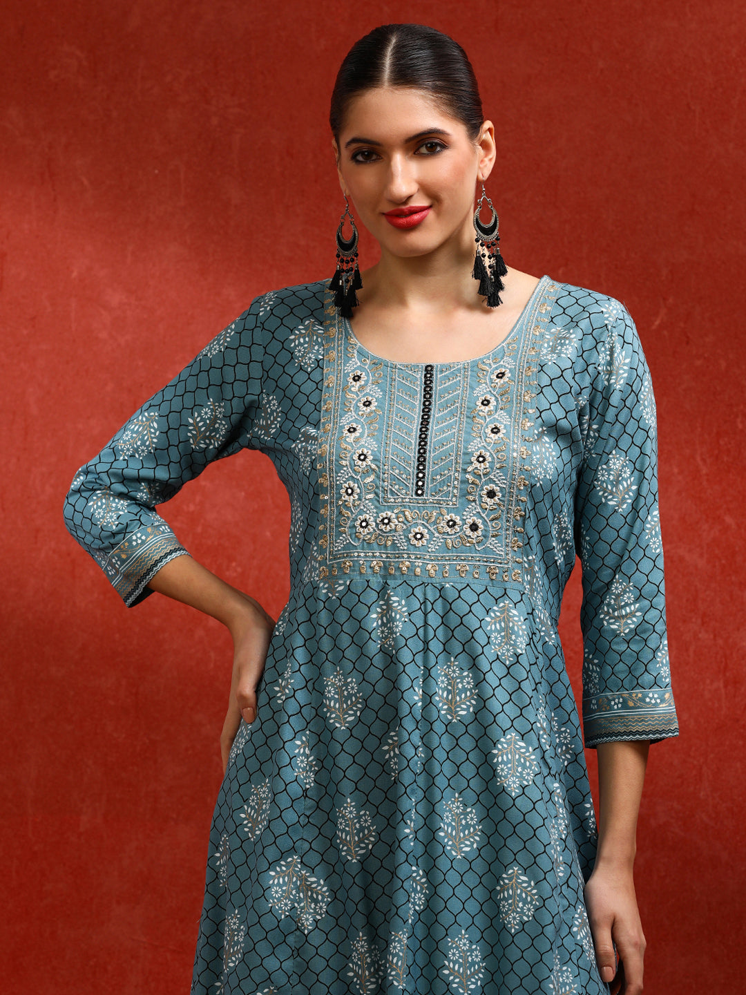 Floral Embroidered A-Line Ethnic Dress