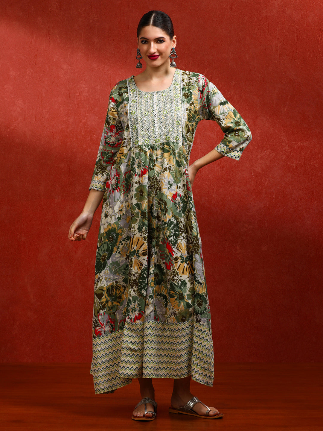 Floral Embroidered A-Line Ethnic Dress