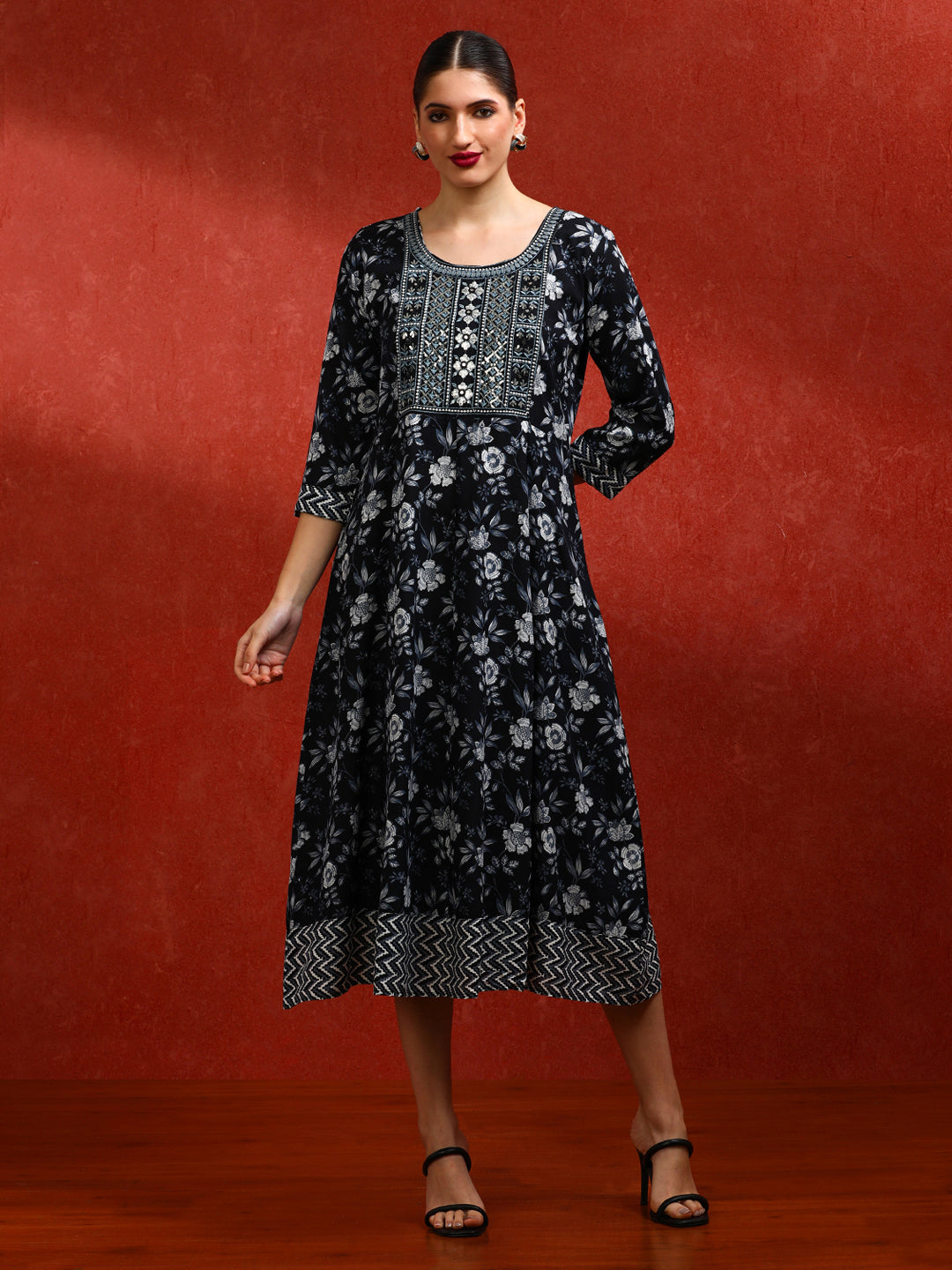 Floral Embroidered A-Line Ethnic Dress