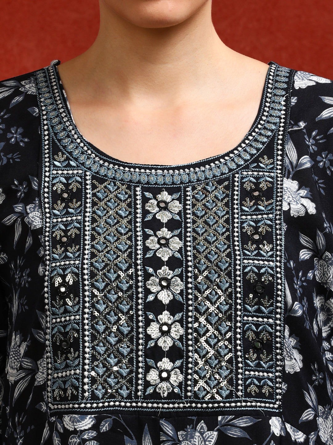 Floral Embroidered A-Line Ethnic Dress