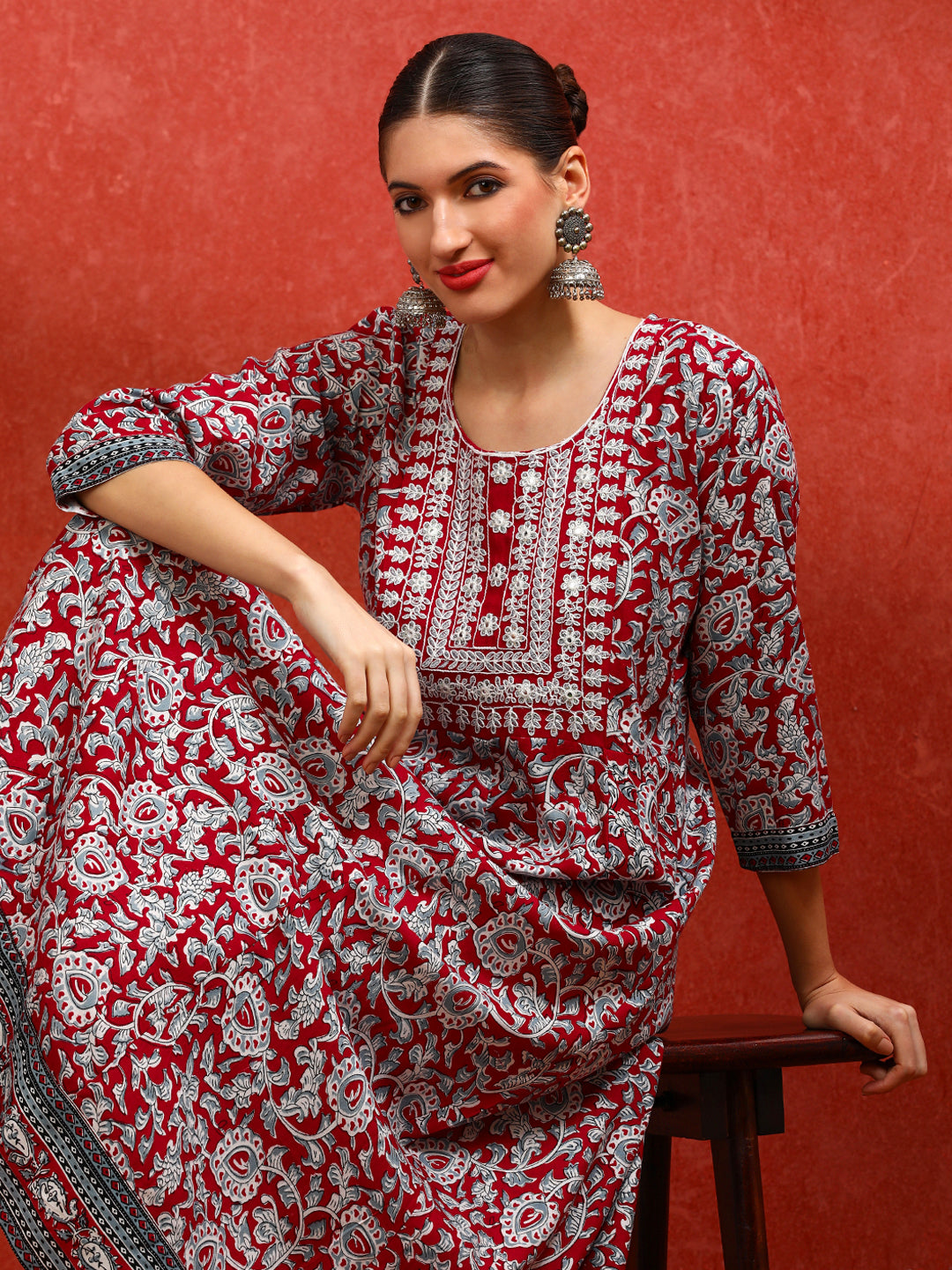 Floral Embroidered A-Line Ethnic Dress