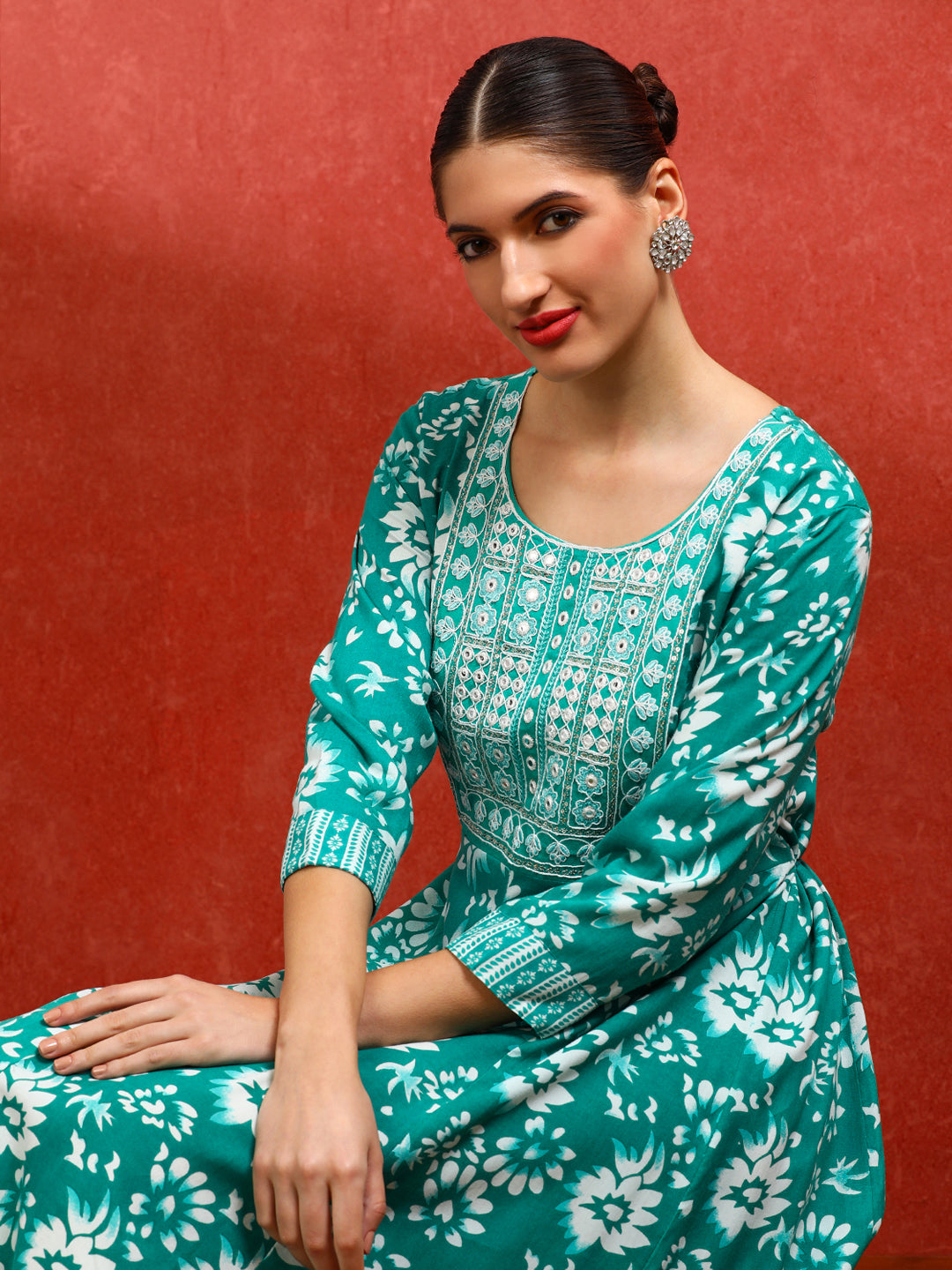 Floral Embroidered A-Line Ethnic Dress