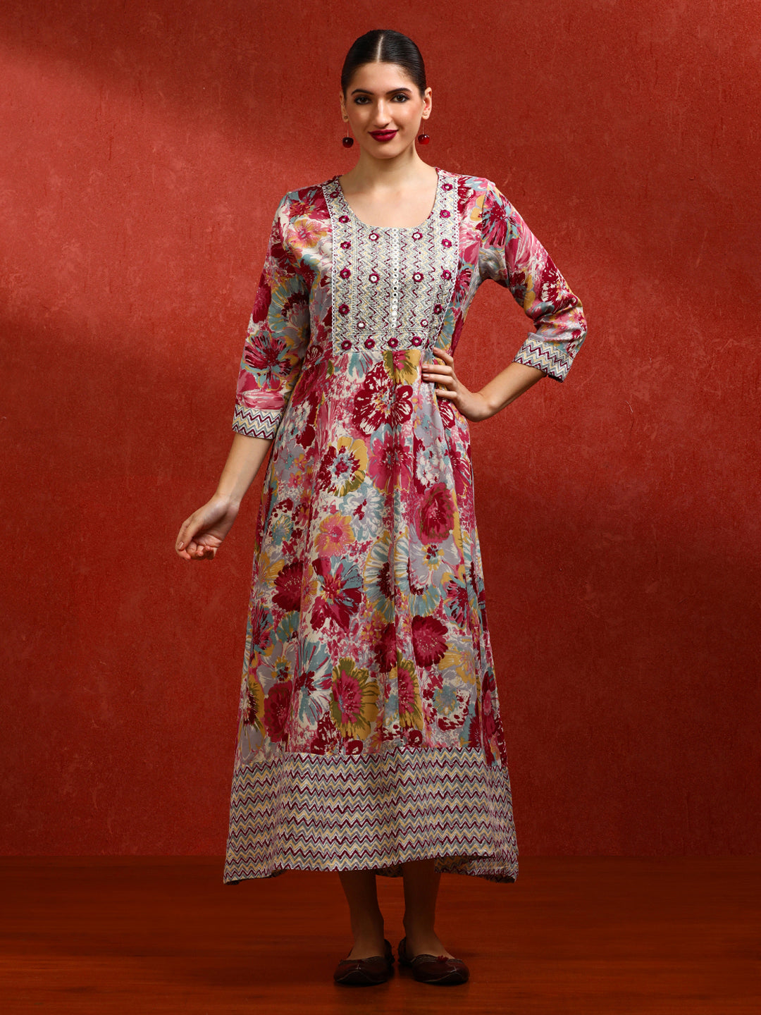 Floral Embroidered A-Line Ethnic Dress