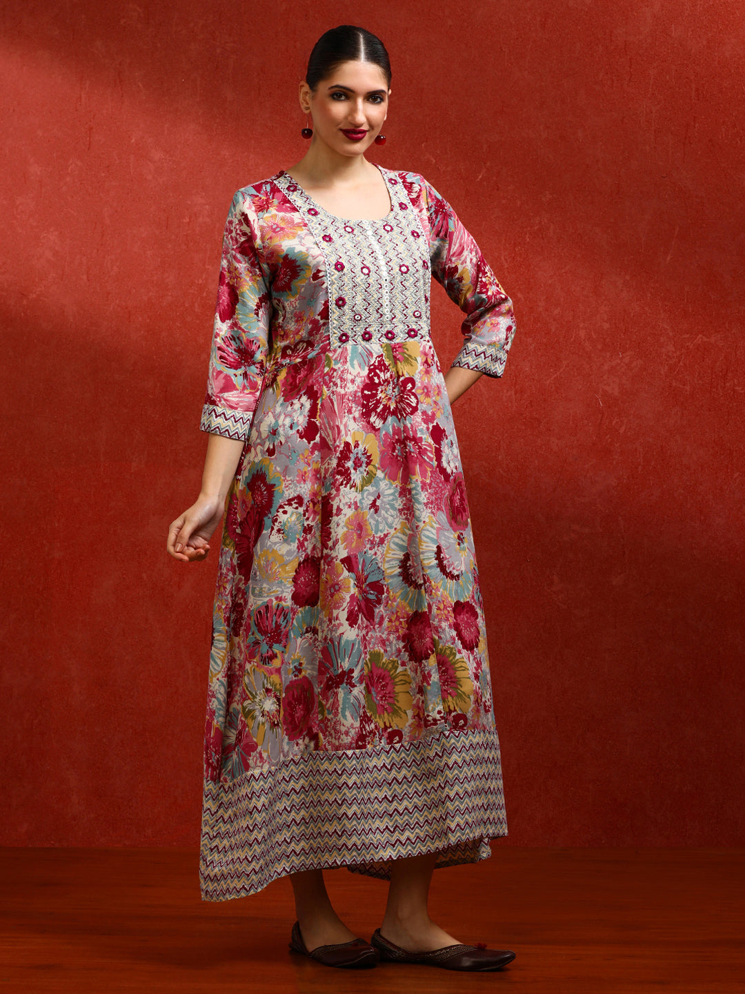 Floral Embroidered A-Line Ethnic Dress