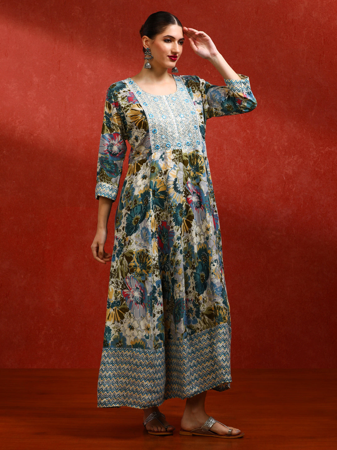 Floral Embroidered A-Line Ethnic Dress