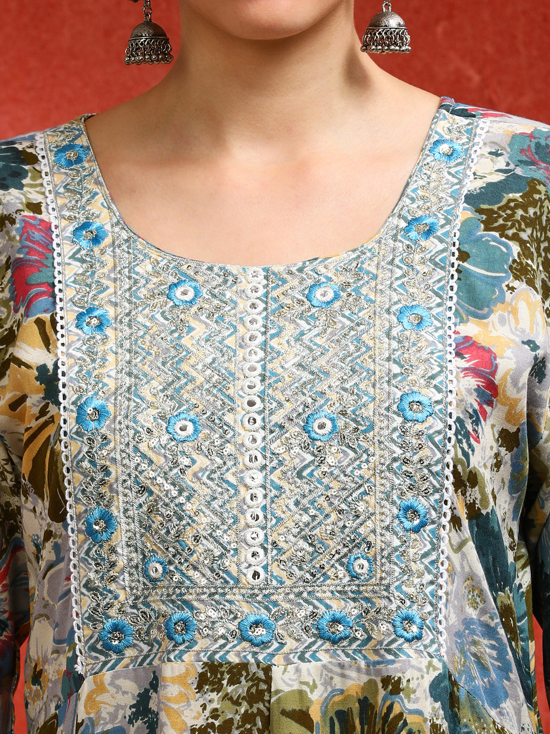 Floral Embroidered A-Line Ethnic Dress