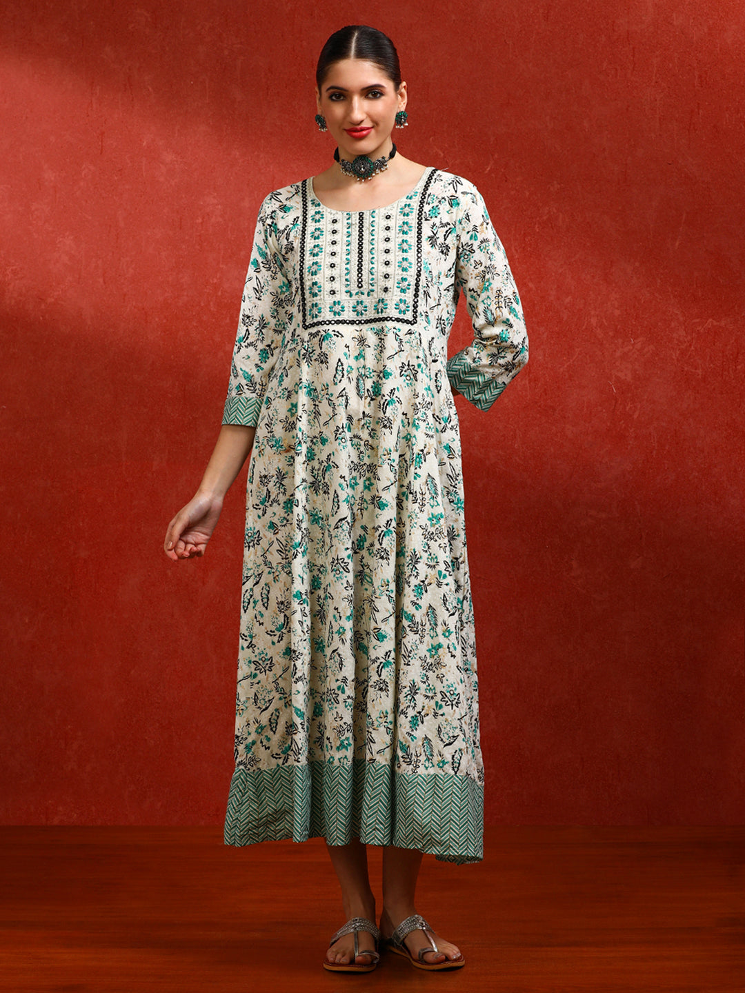 Floral Embroidered A-Line Ethnic Dress