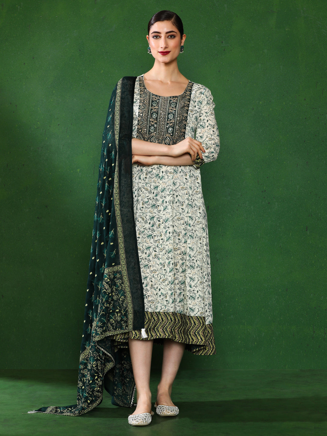 Floral Embroidered A-Line Ethnic Dress With dupatta