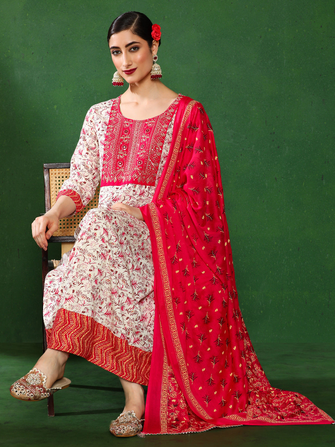 Floral Embroidered A-Line Ethnic Dress With dupatta