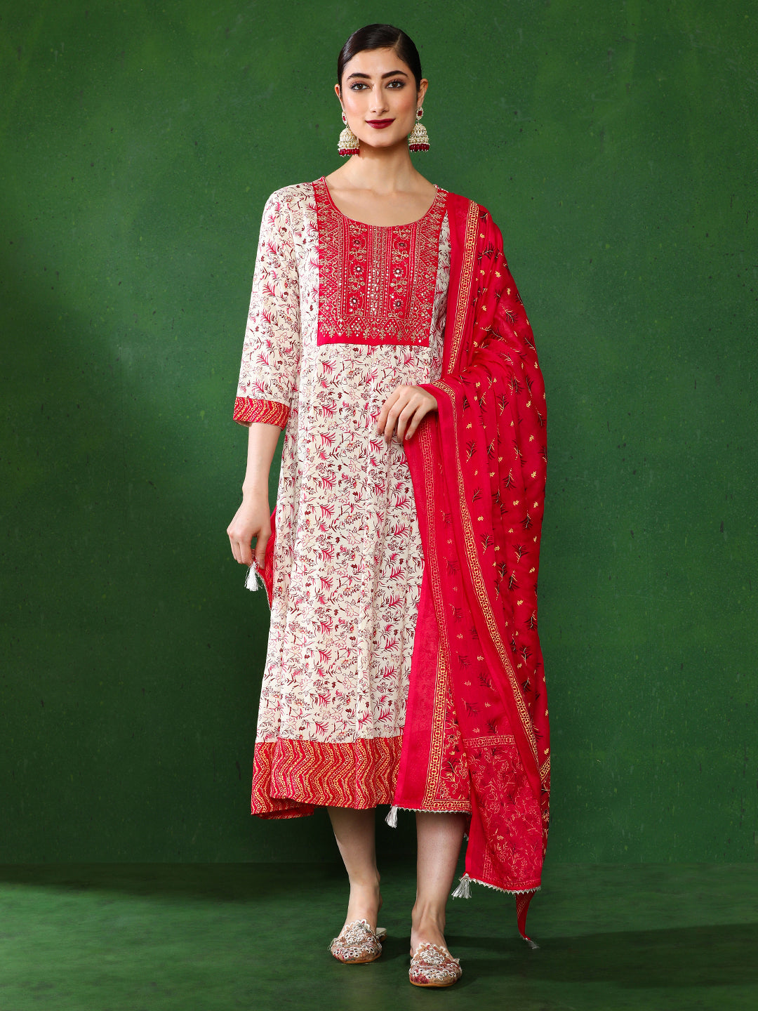 Floral Embroidered A-Line Ethnic Dress With dupatta