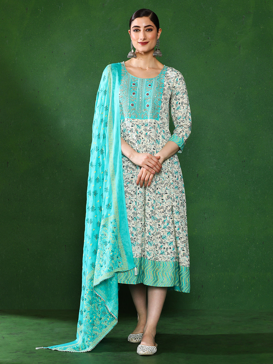 Floral Embroidered A-Line Ethnic Dress With dupatta