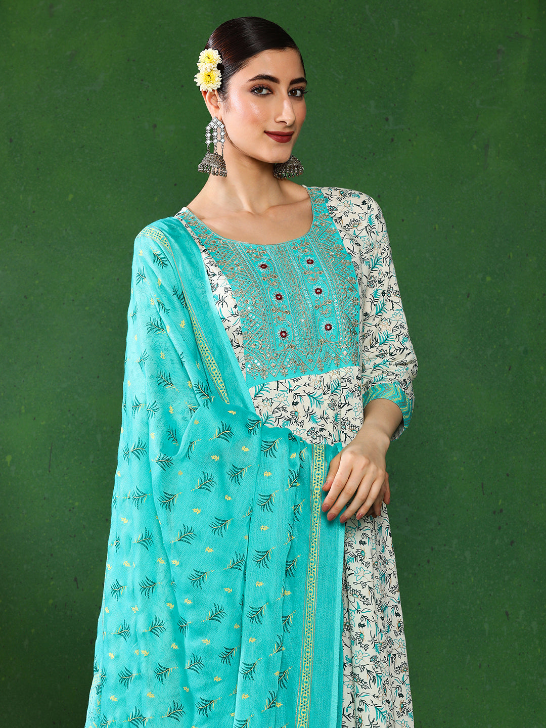 Floral Embroidered A-Line Ethnic Dress With dupatta