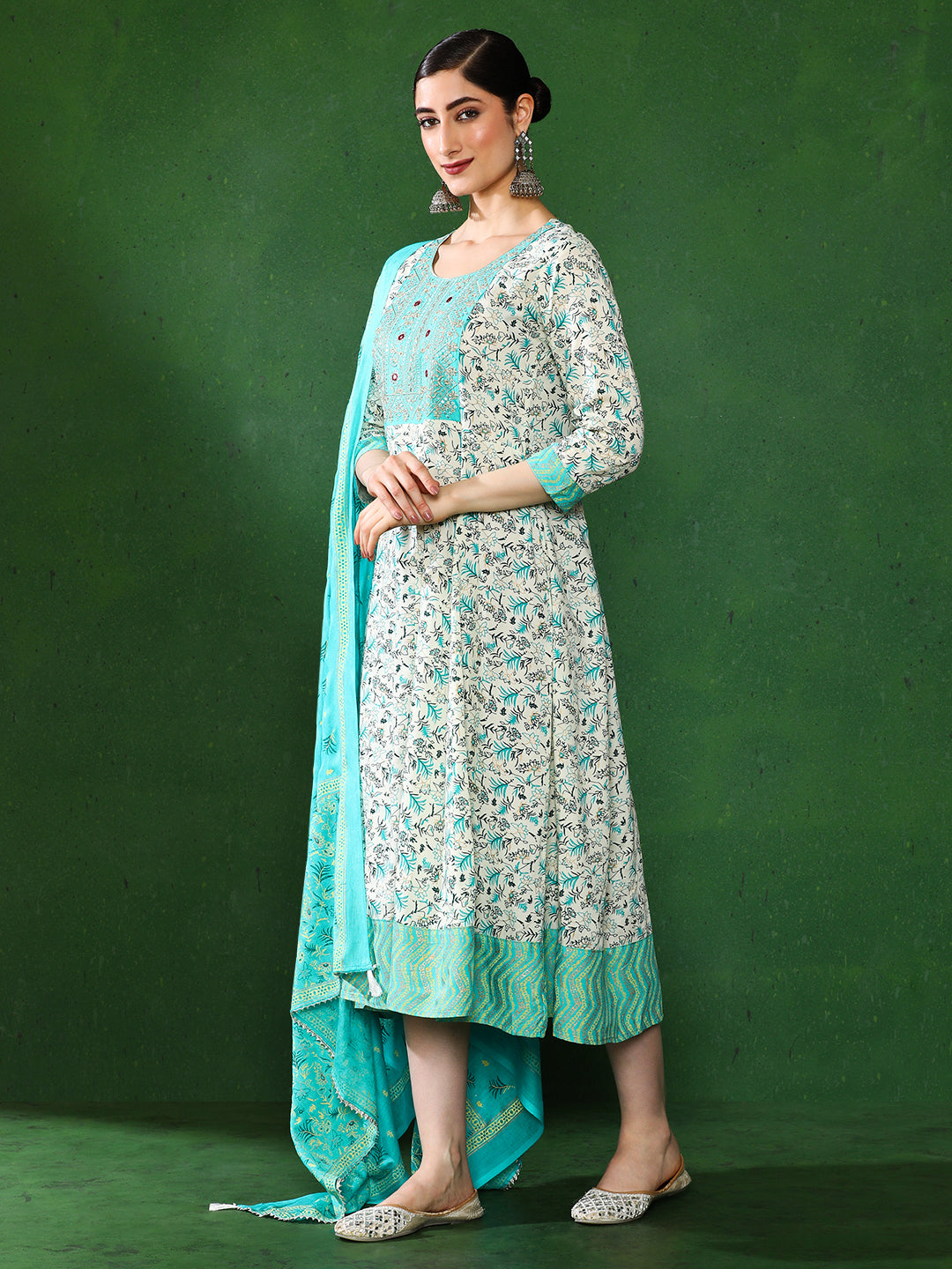 Floral Embroidered A-Line Ethnic Dress With dupatta