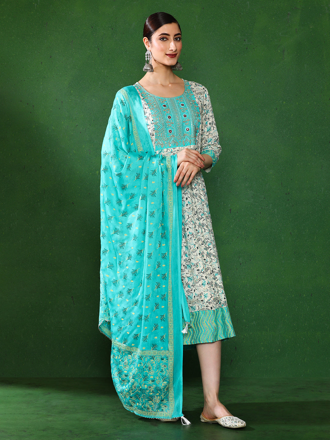 Floral Embroidered A-Line Ethnic Dress With dupatta
