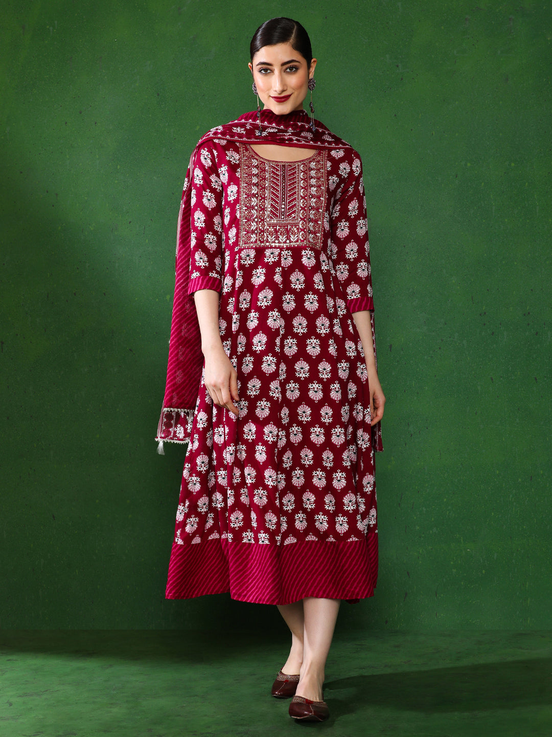 Floral Embroidered A-Line Ethnic Dress With dupatta