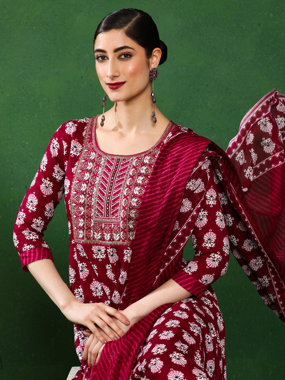 Floral Embroidered A-Line Ethnic Dress With dupatta