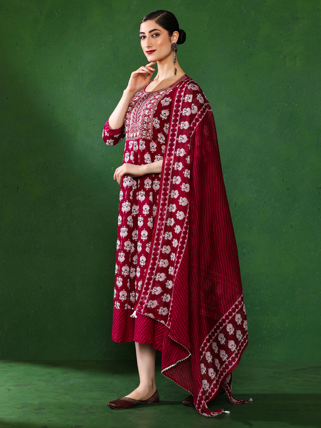 Floral Embroidered A-Line Ethnic Dress With dupatta