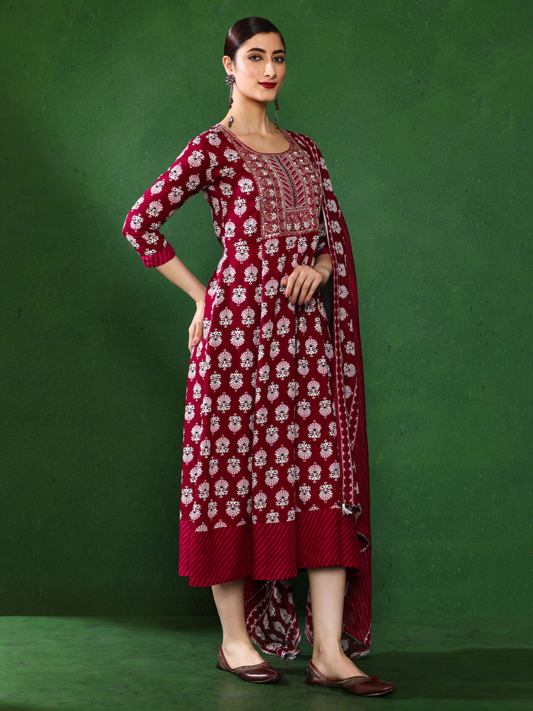Floral Embroidered A-Line Ethnic Dress With dupatta