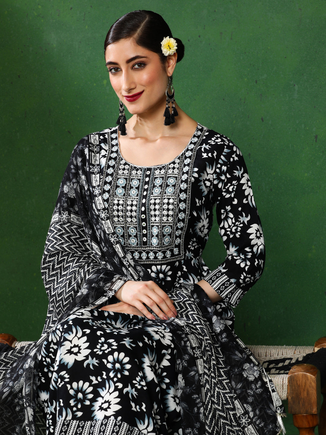 Floral Embroidered A-Line Ethnic Dress With dupatta