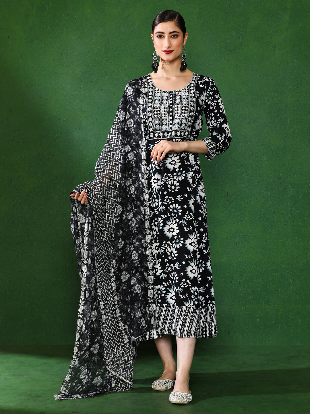 Floral Embroidered A-Line Ethnic Dress With dupatta