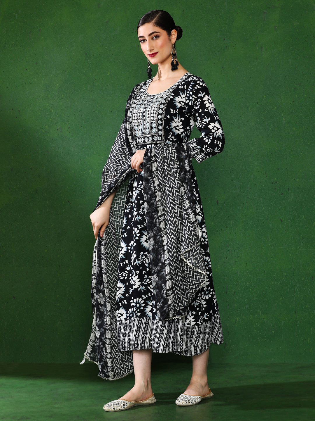 Floral Embroidered A-Line Ethnic Dress With dupatta