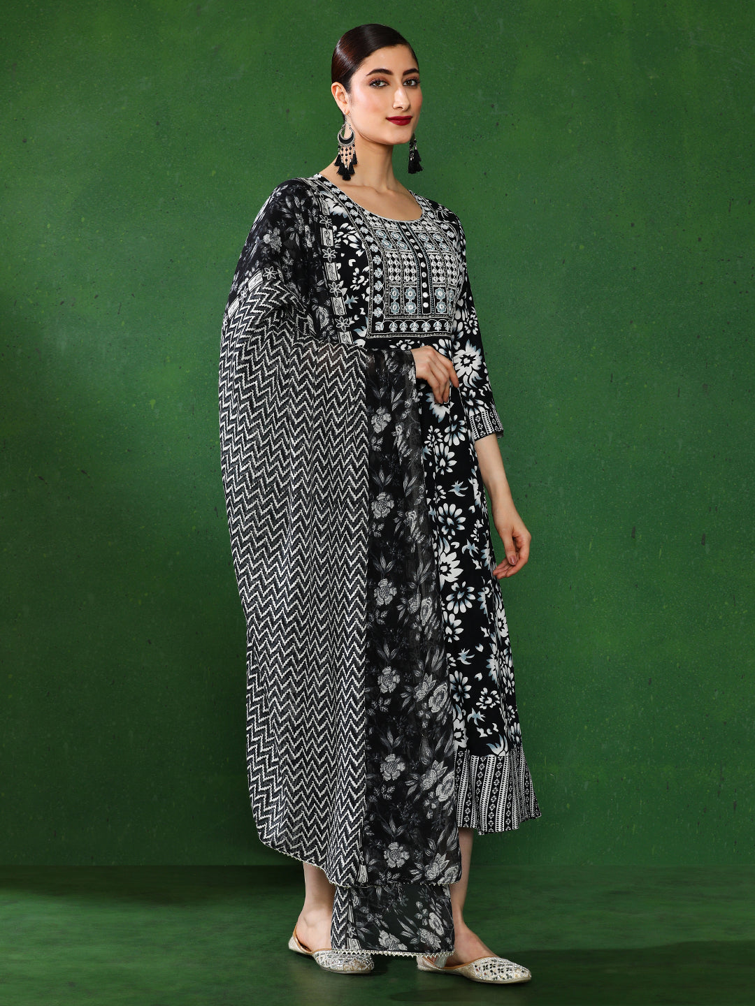 Floral Embroidered A-Line Ethnic Dress With dupatta