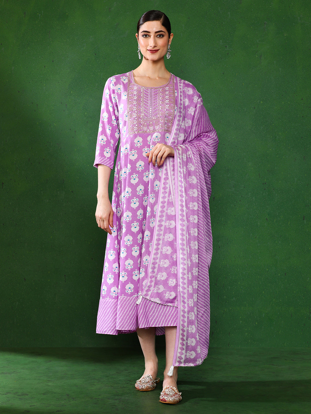 Floral Embroidered A-Line Ethnic Dress With dupatta