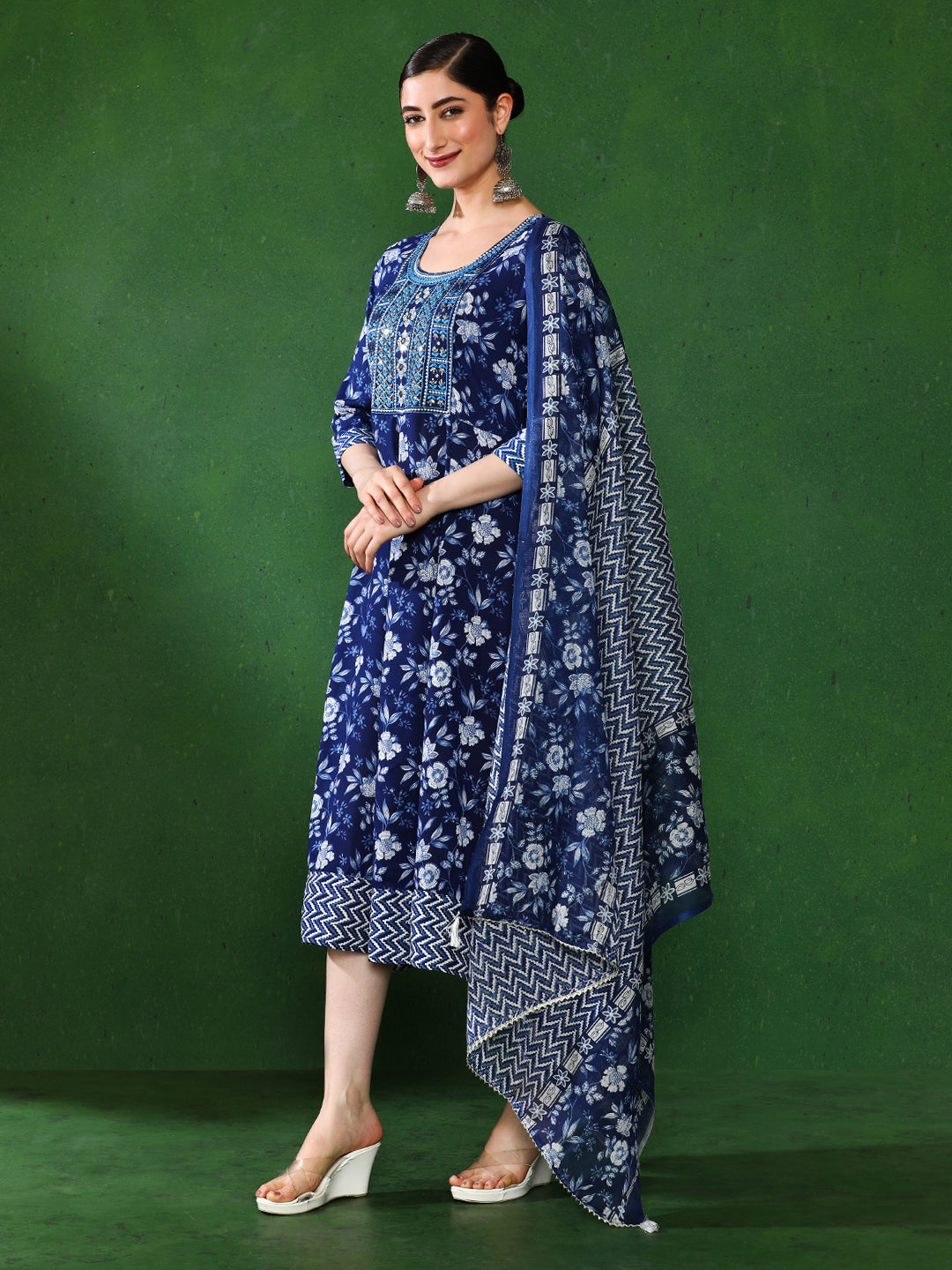 Floral Embroidered A-Line Ethnic Dress With dupatta
