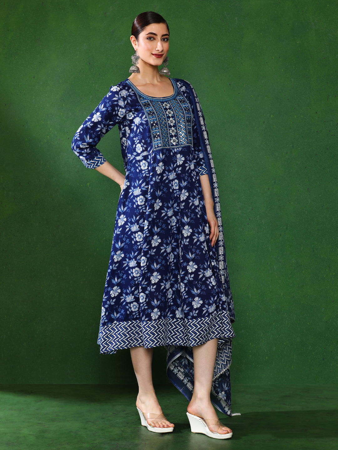 Floral Embroidered A-Line Ethnic Dress With dupatta
