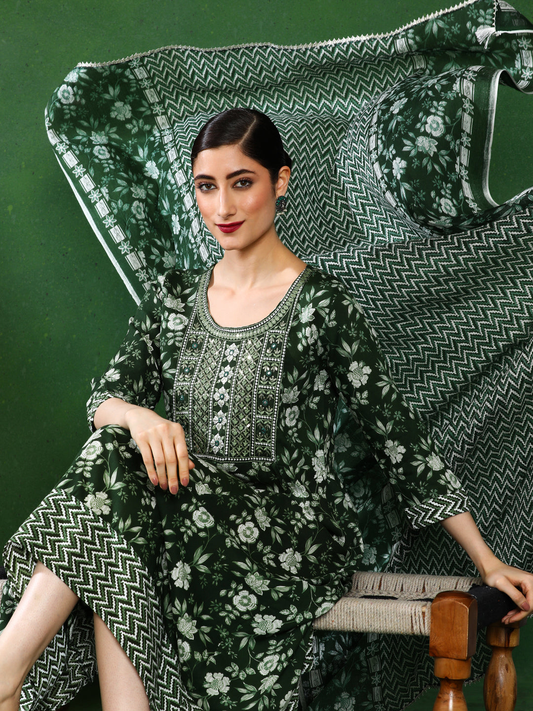 Floral Embroidered A-Line Ethnic Dress With dupatta