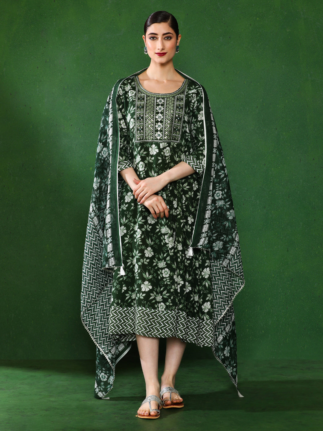 Floral Embroidered A-Line Ethnic Dress With dupatta