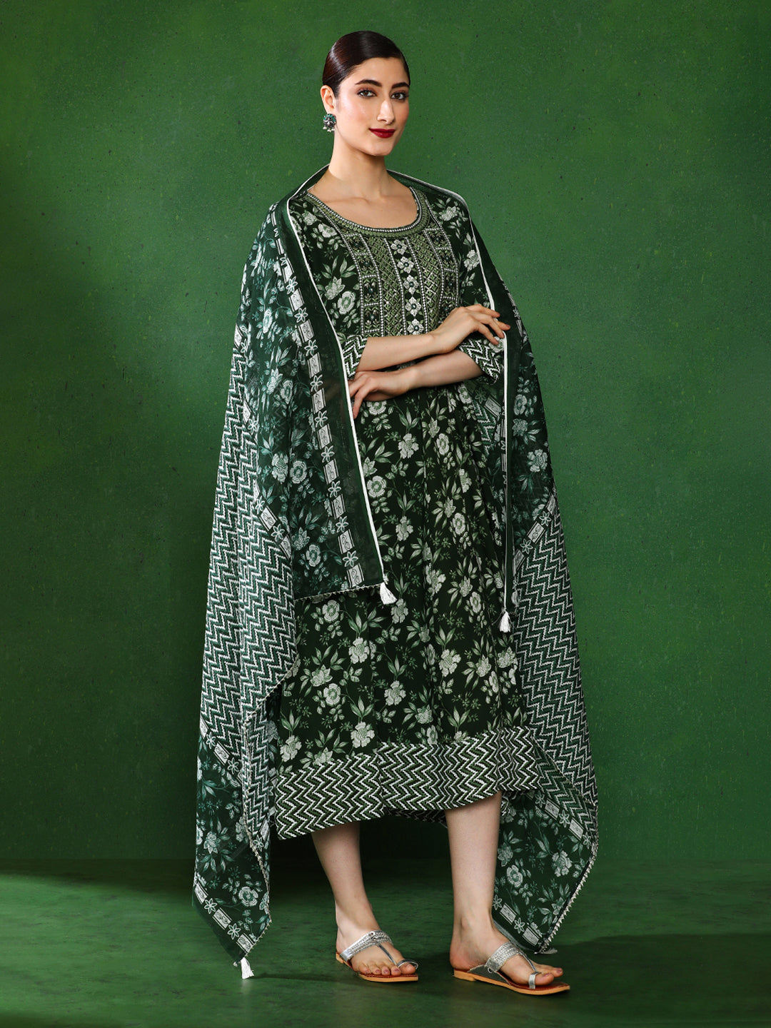 Floral Embroidered A-Line Ethnic Dress With dupatta
