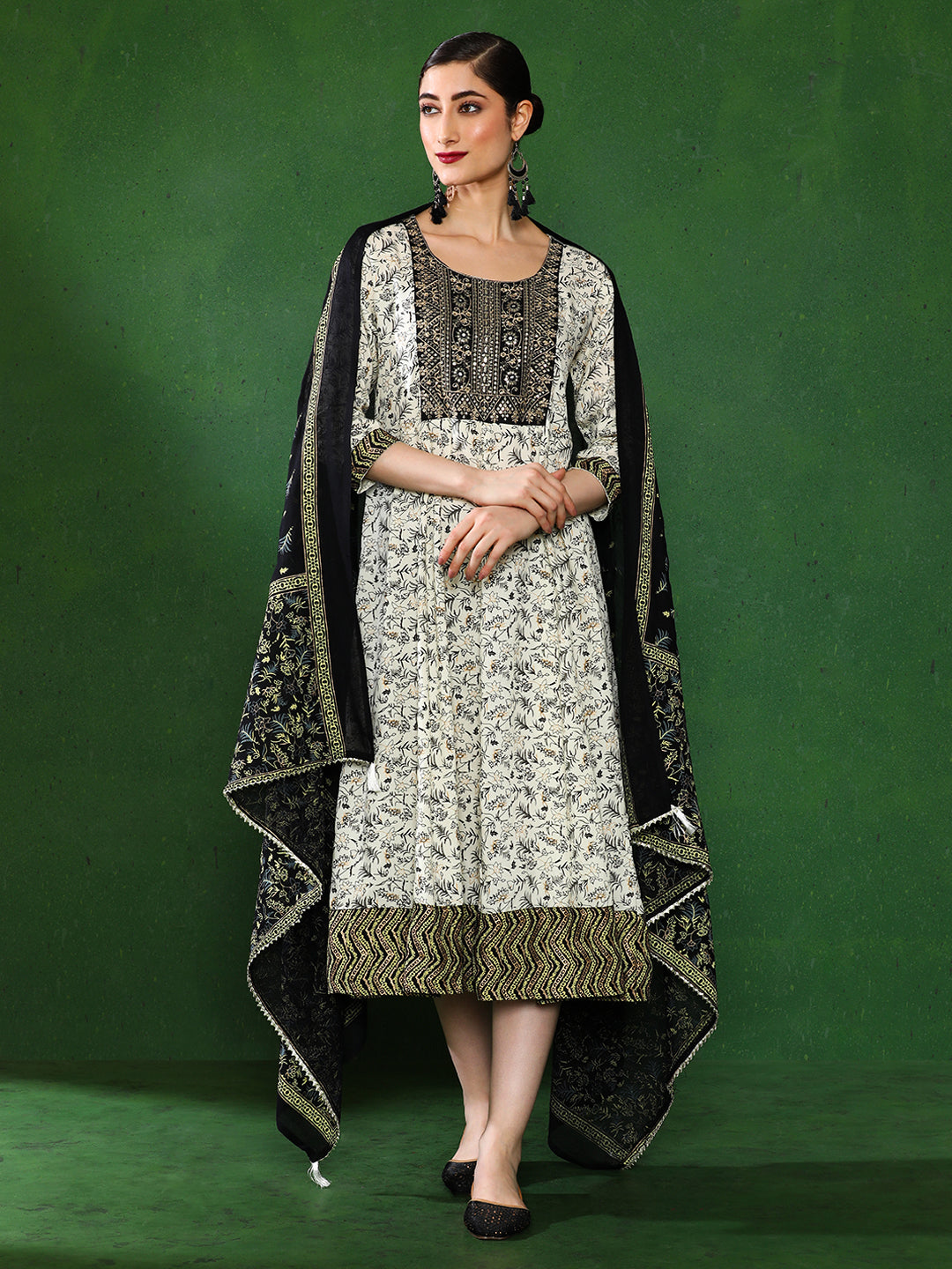 Floral Embroidered A-Line Ethnic Dress With dupatta