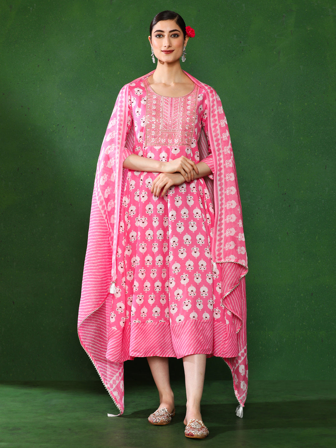Floral Embroidered A-Line Ethnic Dress With dupatta