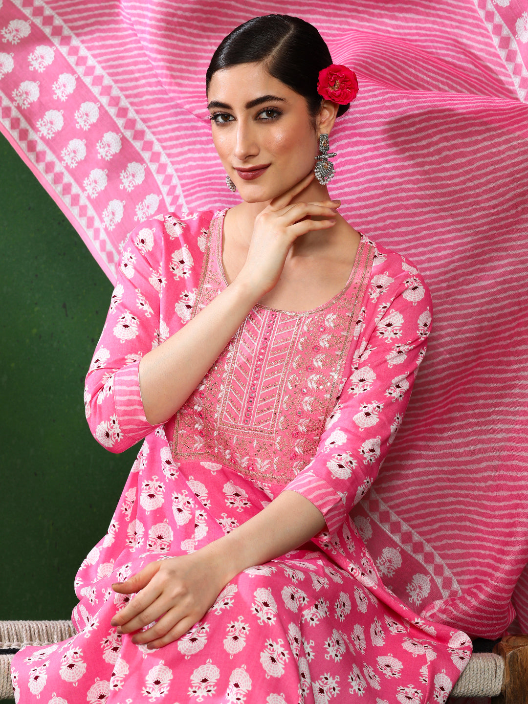 Floral Embroidered A-Line Ethnic Dress With dupatta