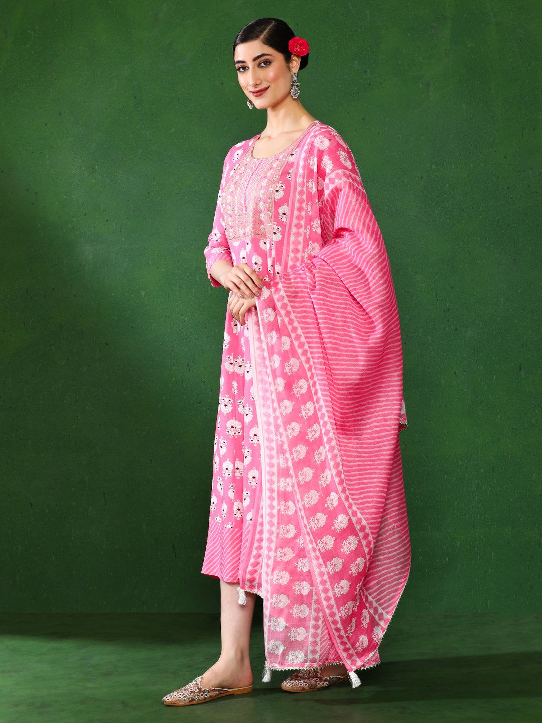 Floral Embroidered A-Line Ethnic Dress With dupatta