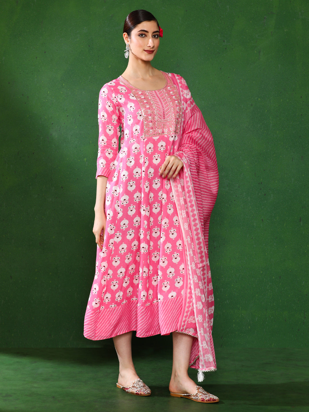 Floral Embroidered A-Line Ethnic Dress With dupatta