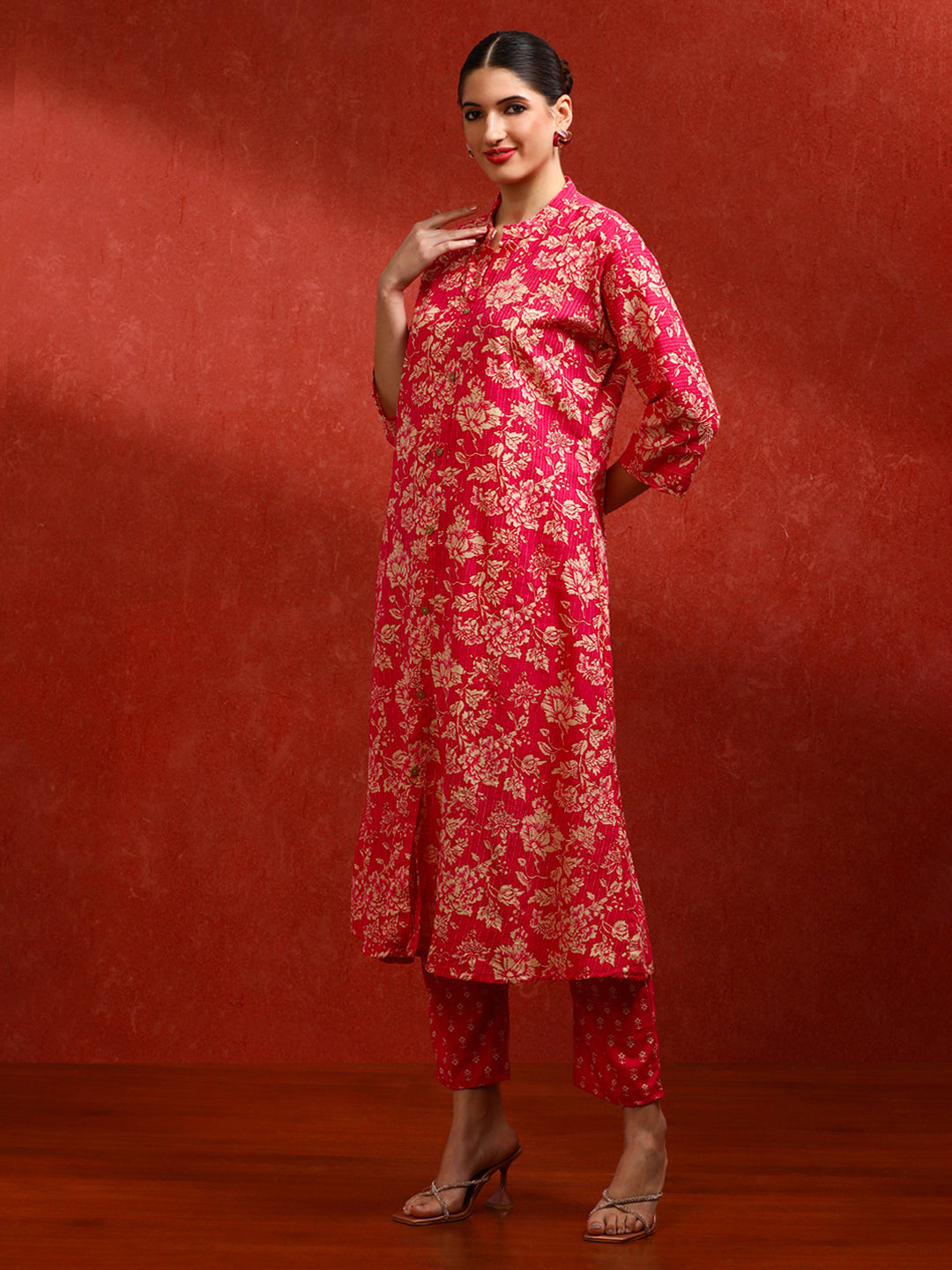 Floral Embroidered A-Line Pure Cotton Kurta & Trousers Sets
