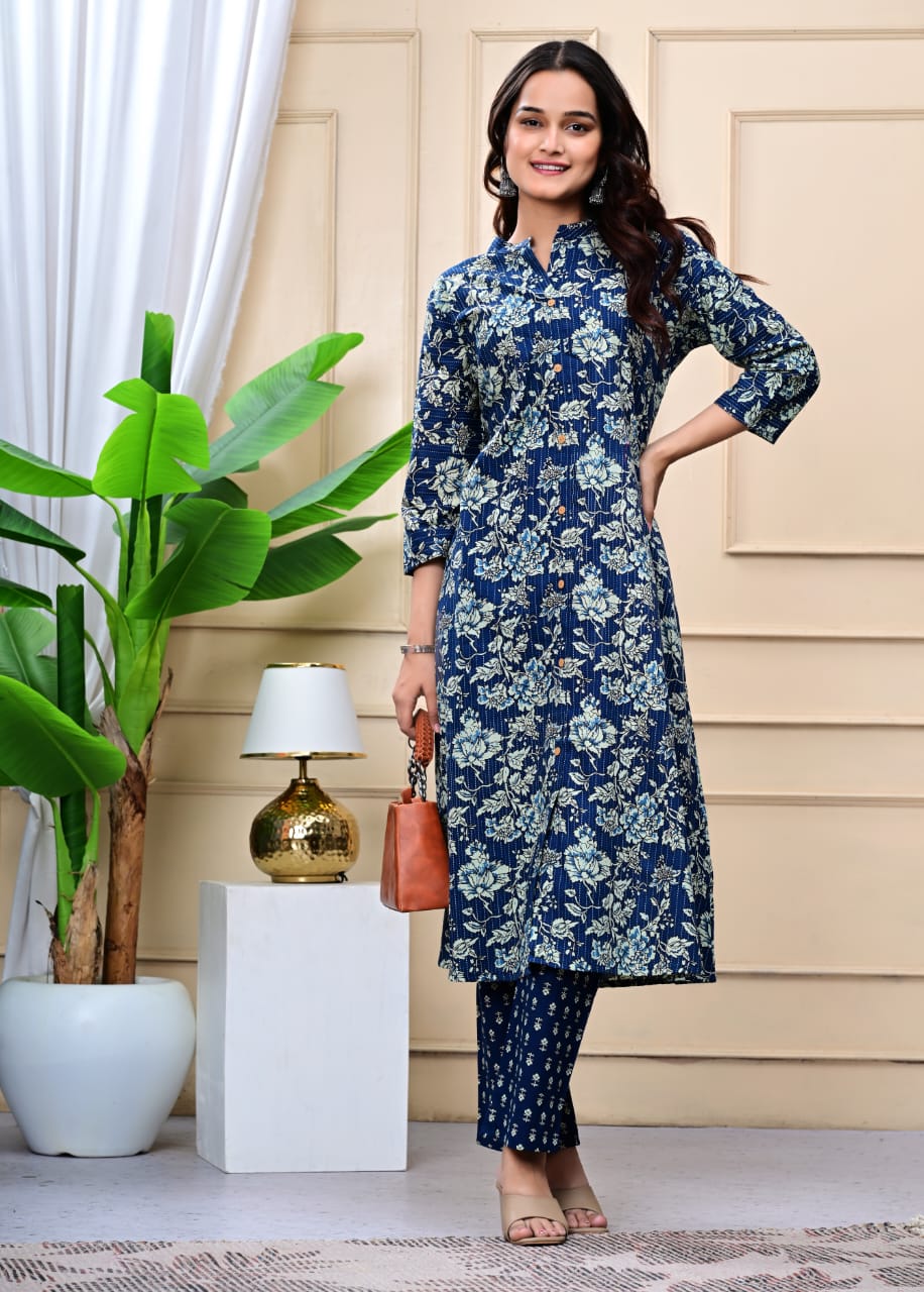 Floral Embroidered A-Line Pure Cotton Kurta & Trousers Sets