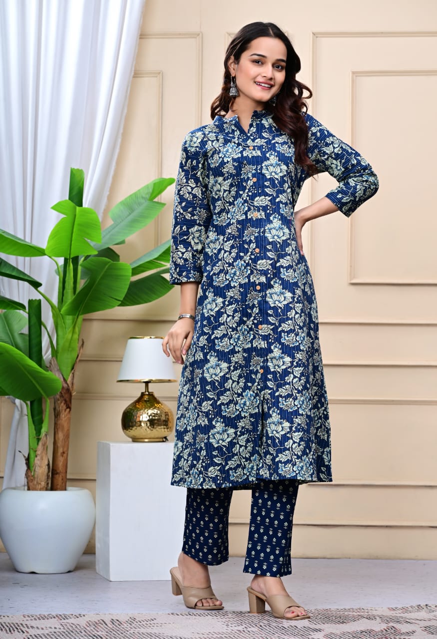 Floral Embroidered A-Line Pure Cotton Kurta & Trousers Sets
