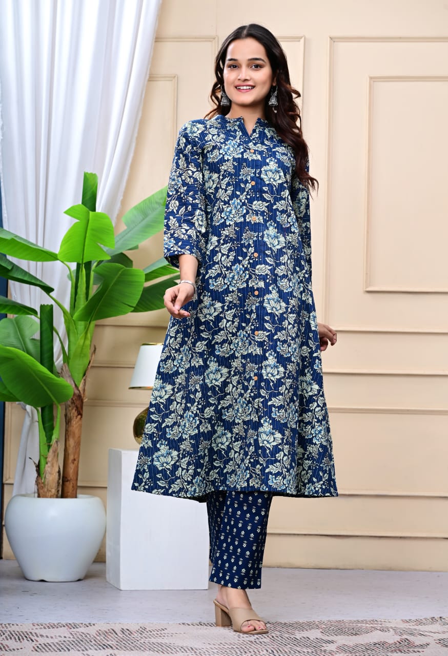 Floral Embroidered A-Line Pure Cotton Kurta & Trousers Sets