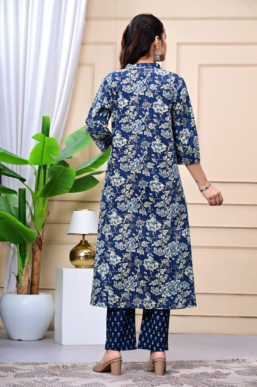 Floral Embroidered A-Line Pure Cotton Kurta & Trousers Sets