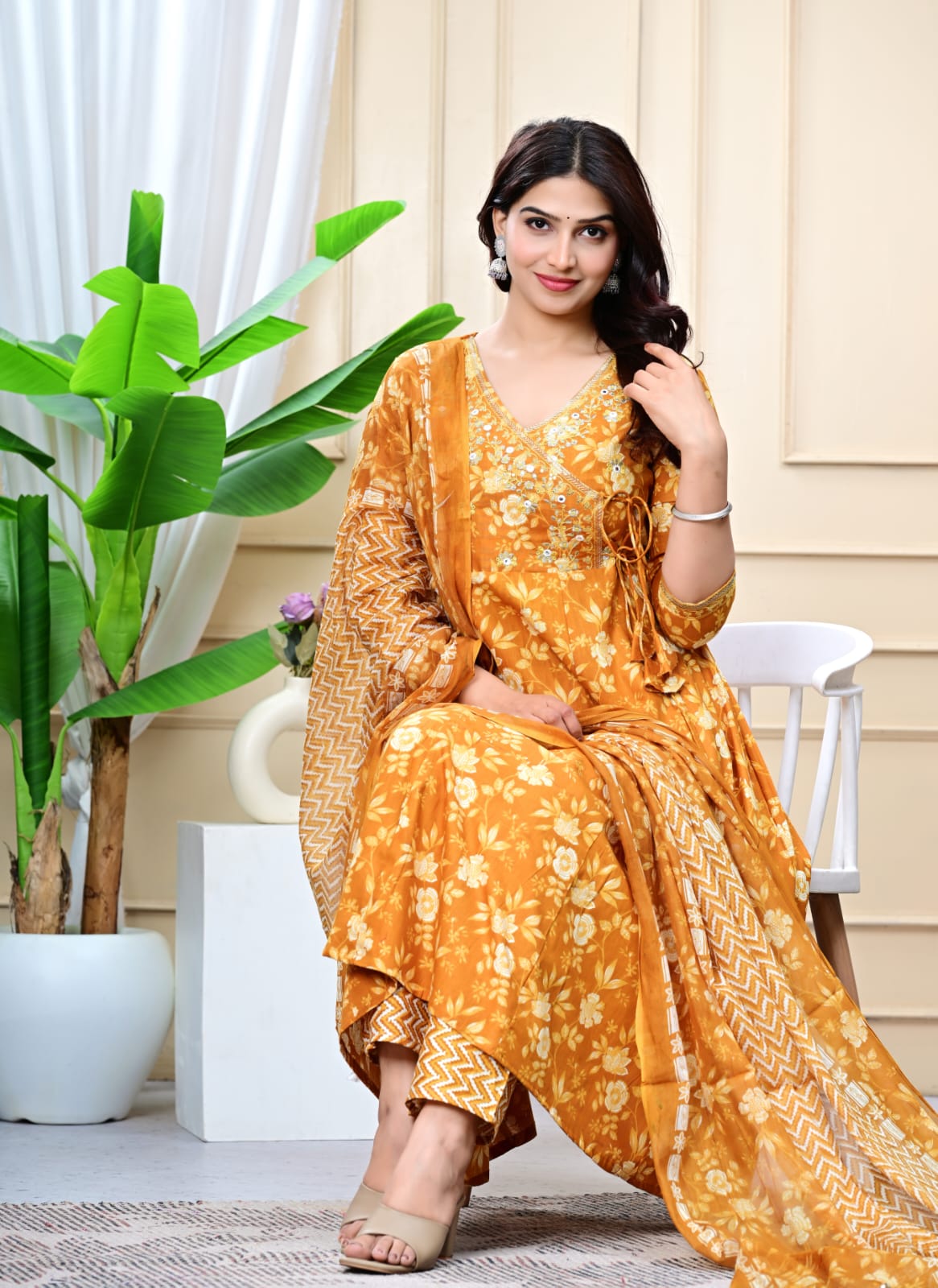 Floral Embroidered A-Line Pure Cotton Kurta & Trousers Sets