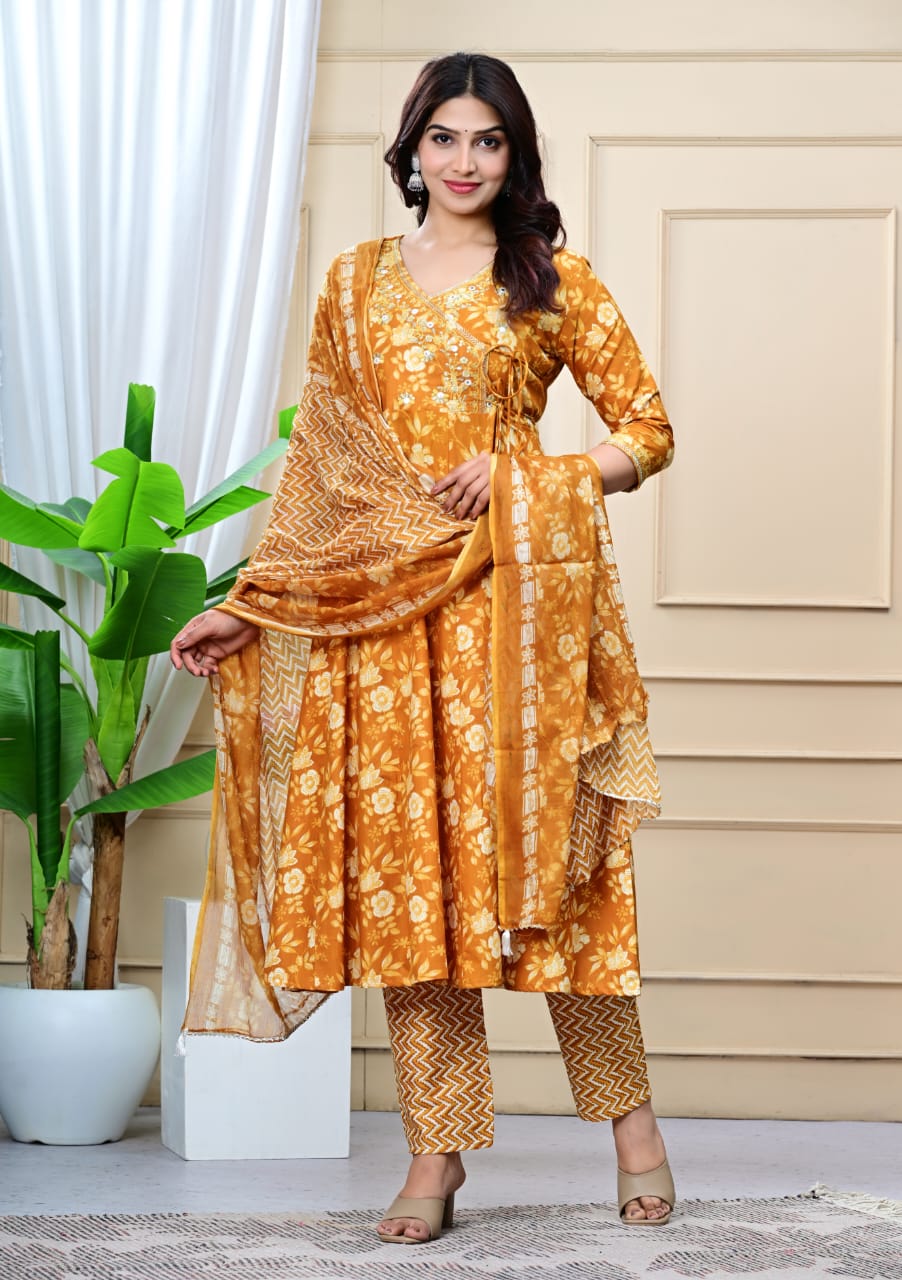 Floral Embroidered A-Line Pure Cotton Kurta & Trousers Sets