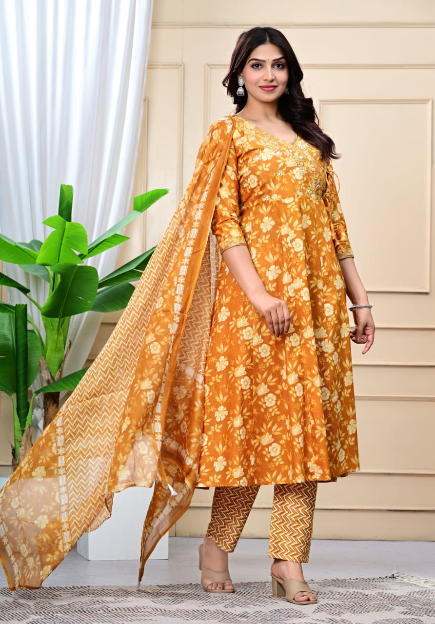 Floral Embroidered A-Line Pure Cotton Kurta & Trousers Sets