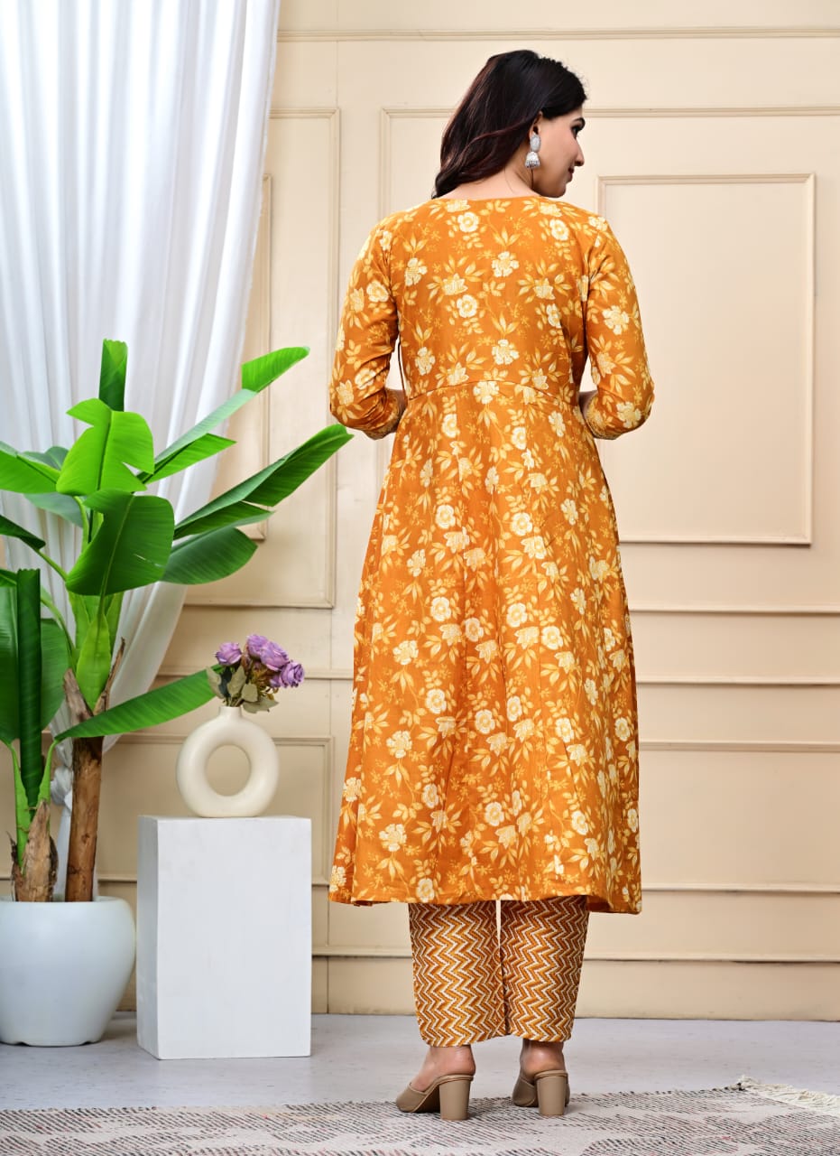 Floral Embroidered A-Line Pure Cotton Kurta & Trousers Sets