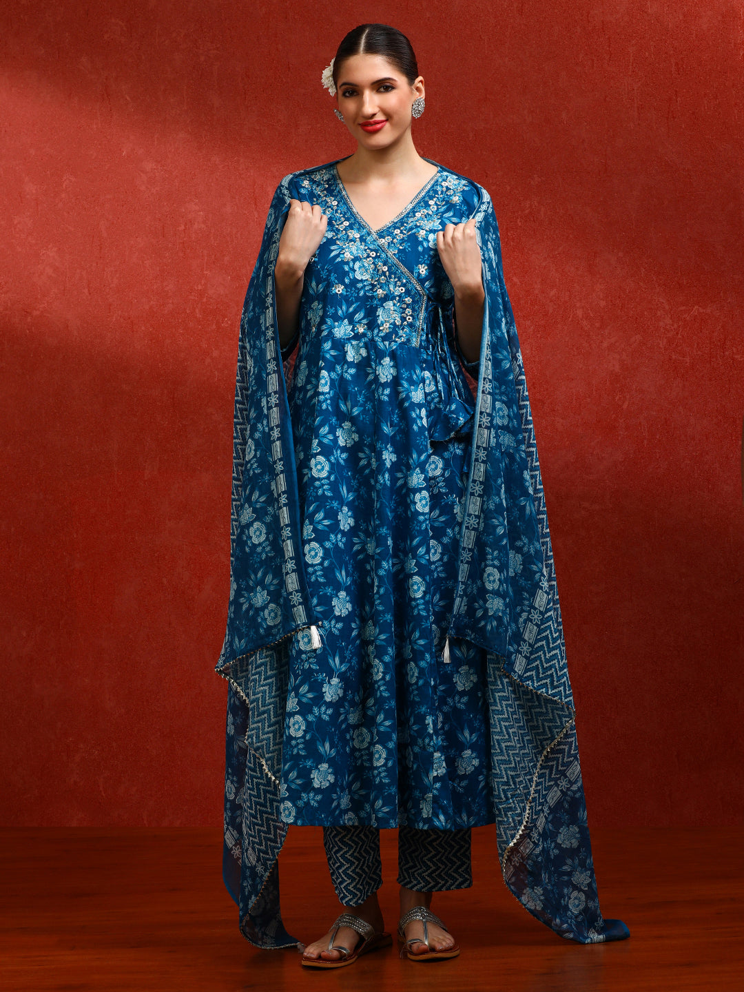 Floral Embroidered A-Line Pure Cotton Kurta & Trousers Sets