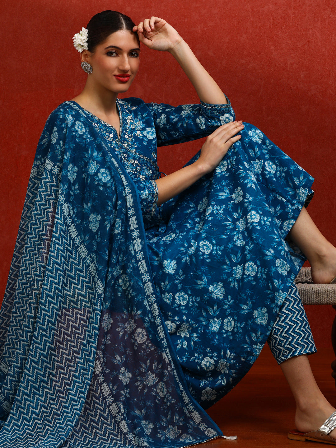 Floral Embroidered A-Line Pure Cotton Kurta & Trousers Sets