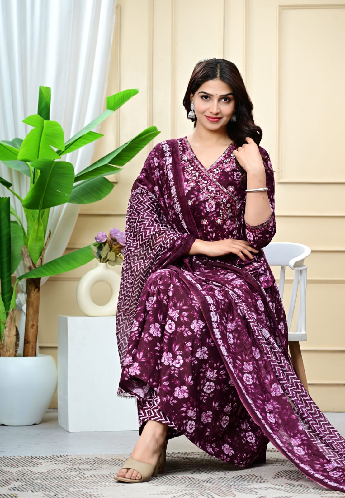 Floral Embroidered A-Line Pure Cotton Kurta & Trousers Sets