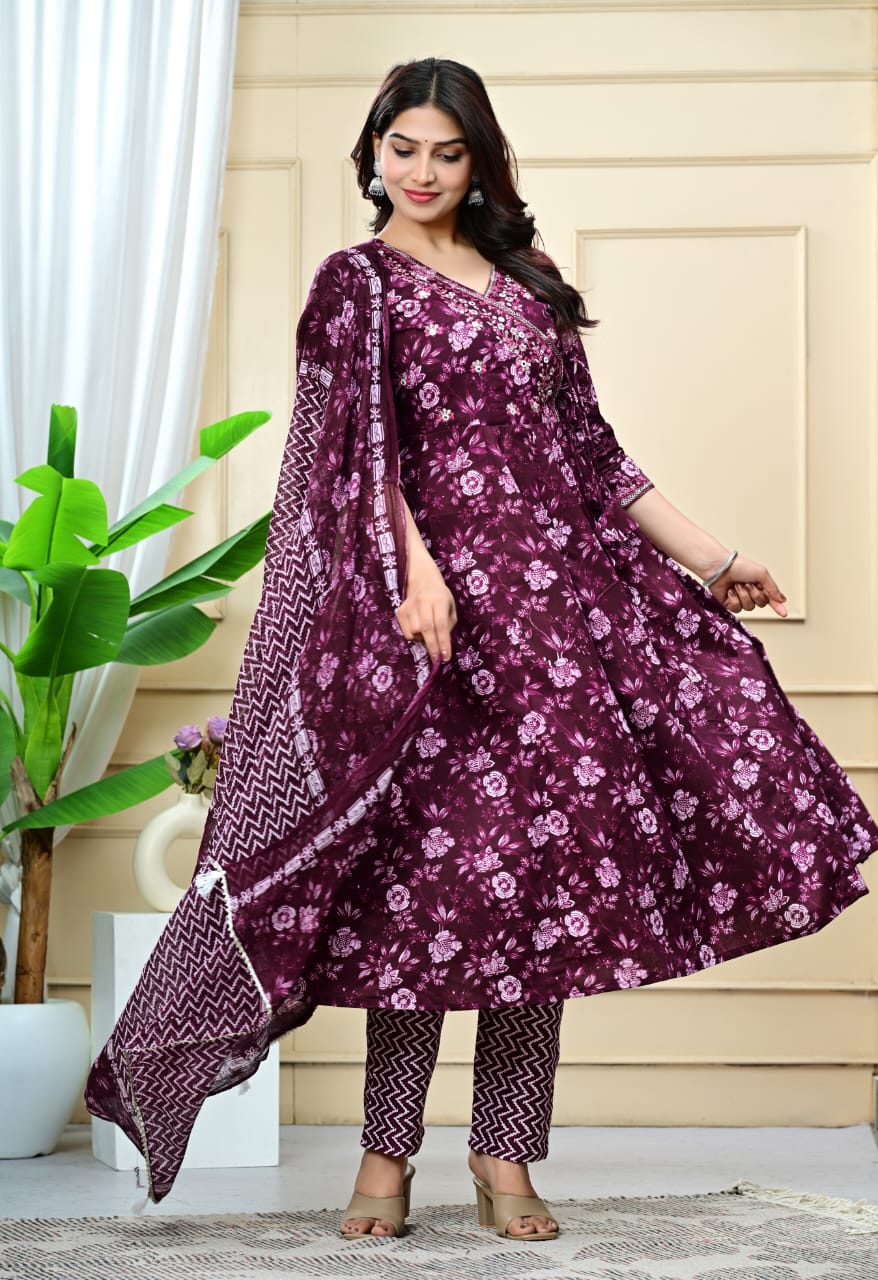 Floral Embroidered A-Line Pure Cotton Kurta & Trousers Sets